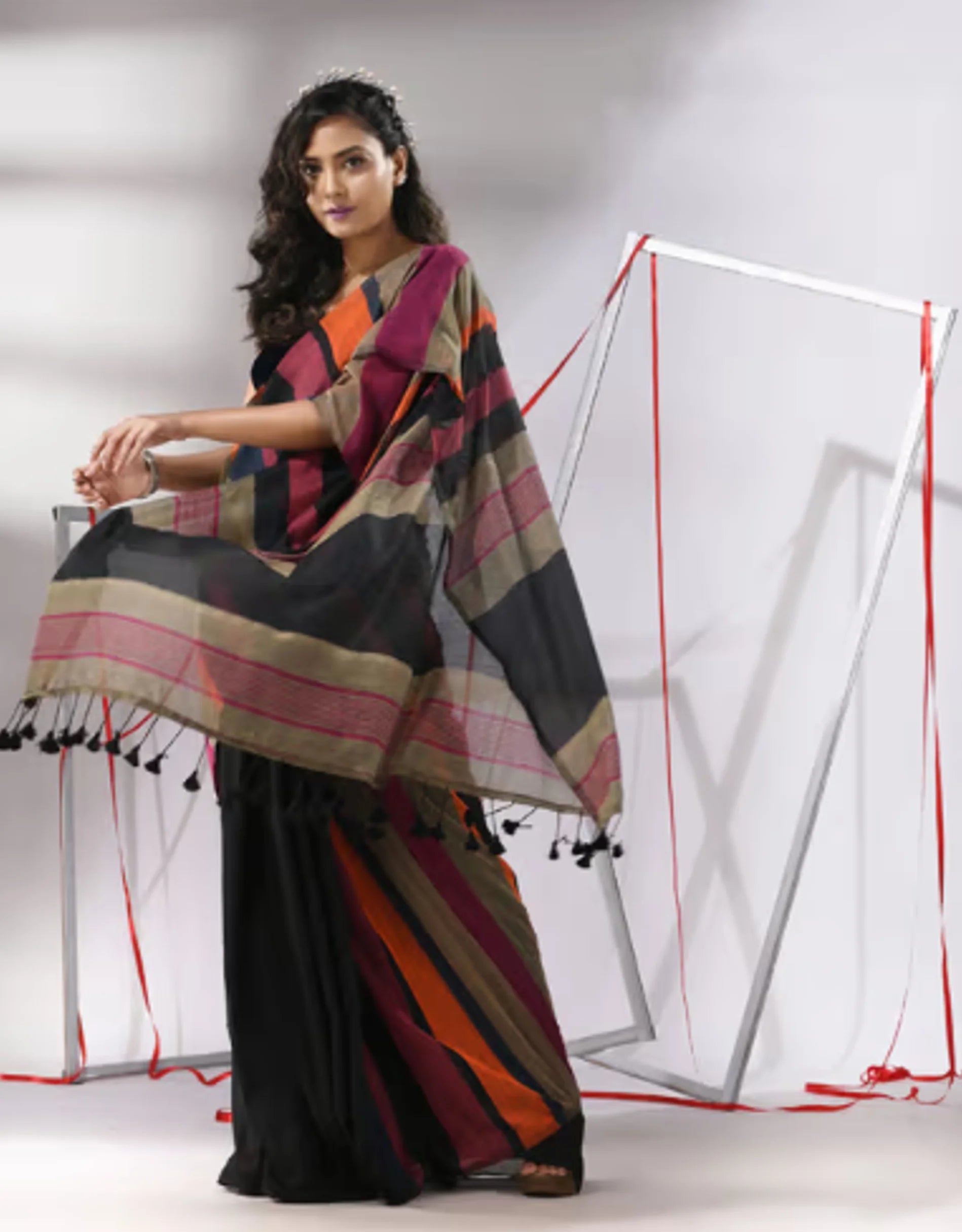 Black Linen Cotton Saree with Multicolor Striped Border, Tassel Details, Traditional Indian Ethnic Wear
