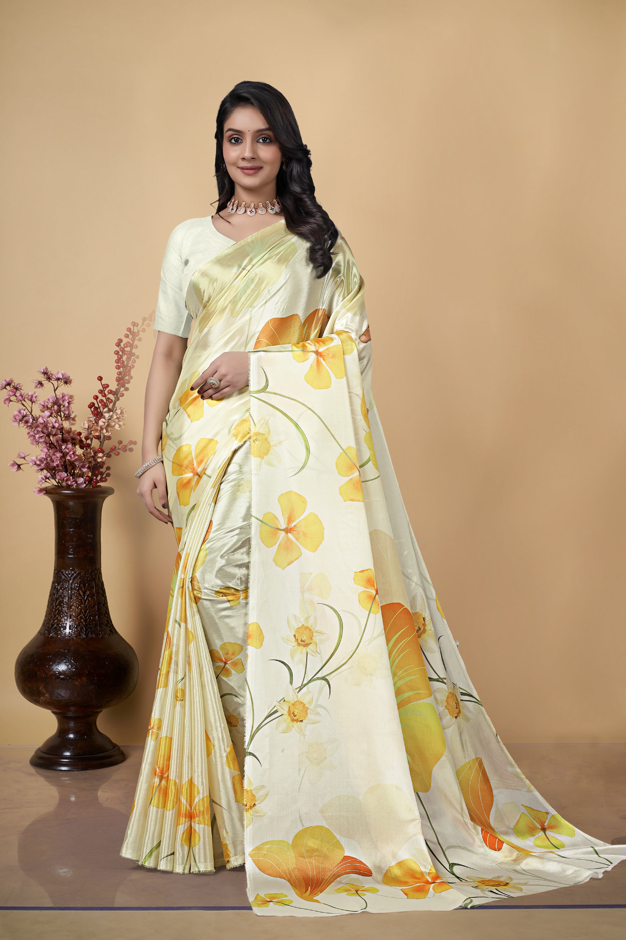 Digital Printed Chinon Saree, White and Yellow Floral Design