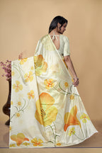 Digital Printed Chinon Saree, White and Yellow Floral Design