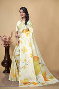 Digital Printed Chinon Saree, White and Yellow Floral Design