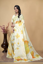 Digital Printed Chinon Saree, White and Yellow Floral Design