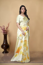 Digital Printed Chinon Saree, White and Yellow Floral Design