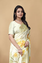 Digital Printed Chinon Saree, White and Yellow Floral Design