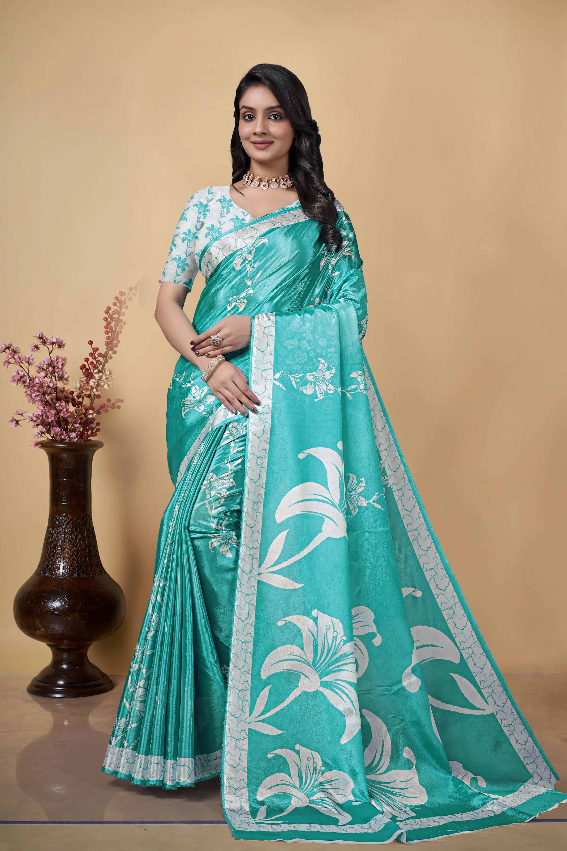 Aqua Blue Floral Digital Printed Saree with White Lily Design, Chinon, Printed Border, Traditional Ethnic Wear