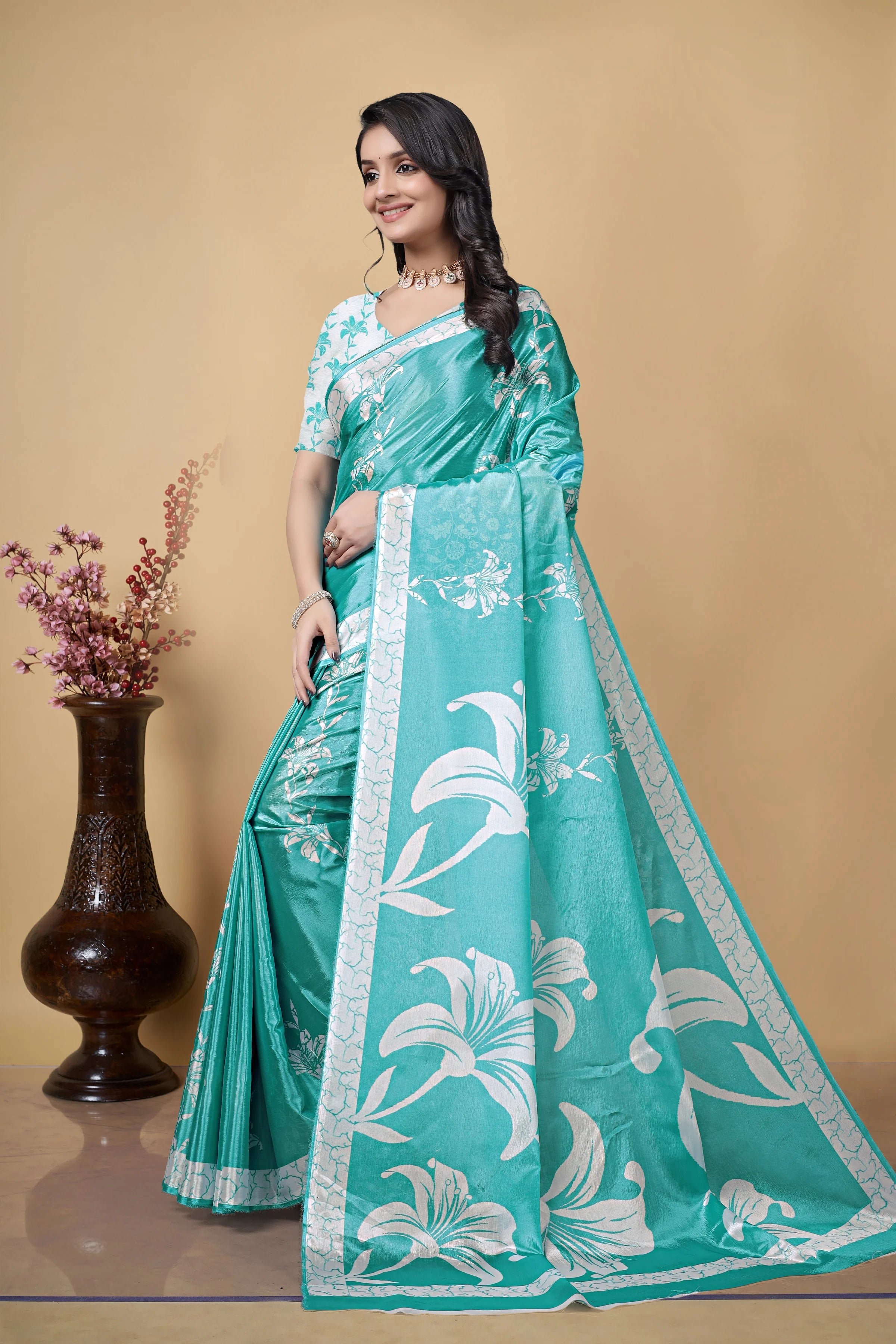 Aqua Blue Floral Digital Printed Saree with White Lily Design, Chinon, Printed Border, Traditional Ethnic Wear