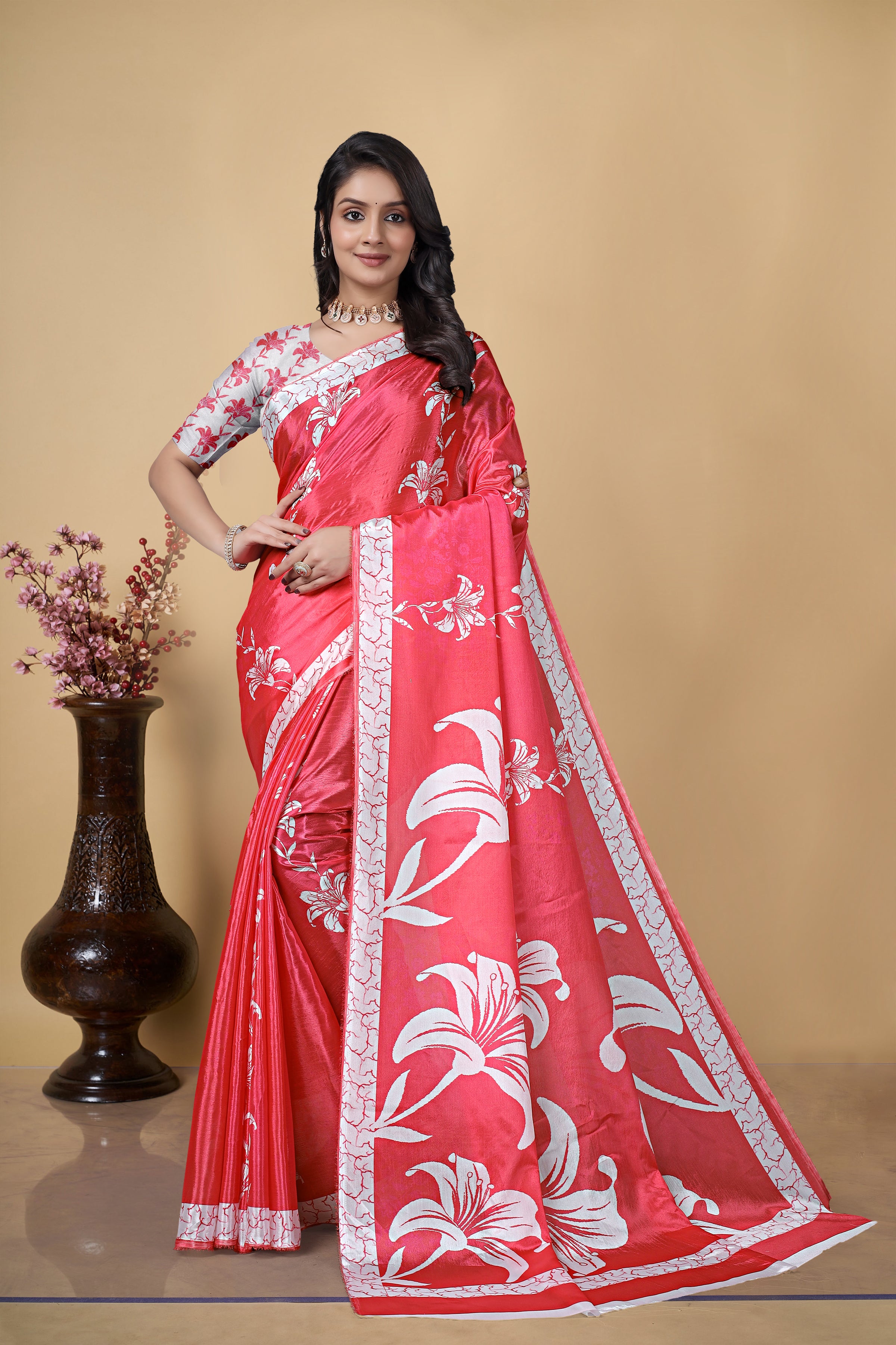 Aqua Blue Floral Digital Printed Saree with White Lily Design, Chinon, Printed Border, Traditional Ethnic Wear