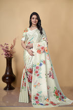 Floral Printed Saree, White, Chinon, Digital Print, Traditional Ethnic Wear