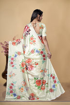 Floral Printed Saree, White, Chinon, Digital Print, Traditional Ethnic Wear
