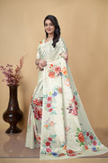 Floral Printed Saree, White, Chinon, Digital Print, Traditional Ethnic Wear