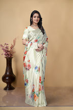 Floral Printed Saree, White, Chinon, Digital Print, Traditional Ethnic Wear
