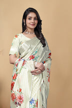 Floral Printed Saree, White, Chinon, Digital Print, Traditional Ethnic Wear